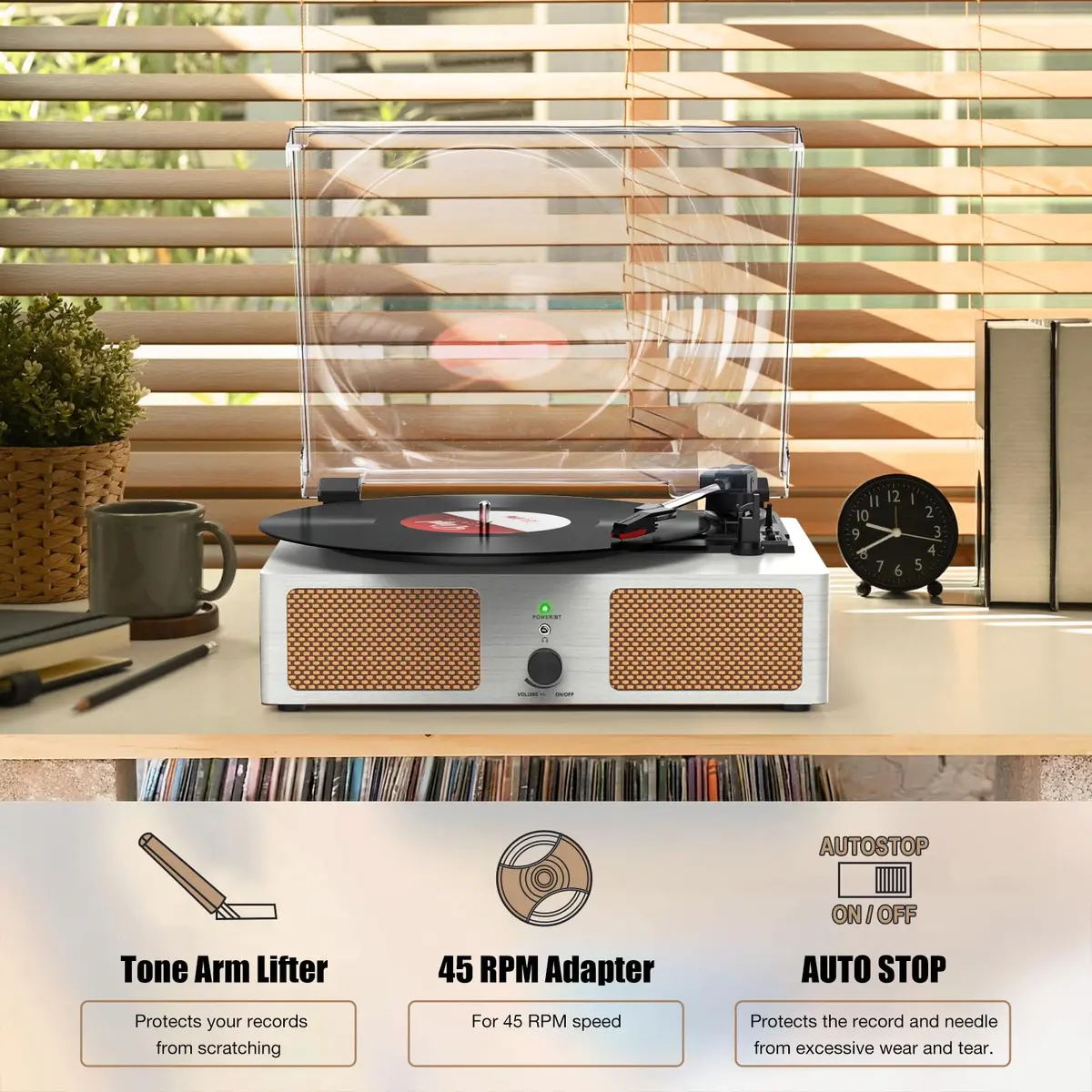 Udreamer White Vinyl Record Player with Speakers & USB | Belt Drive, 3 Speeds, Bluetooth - view 6