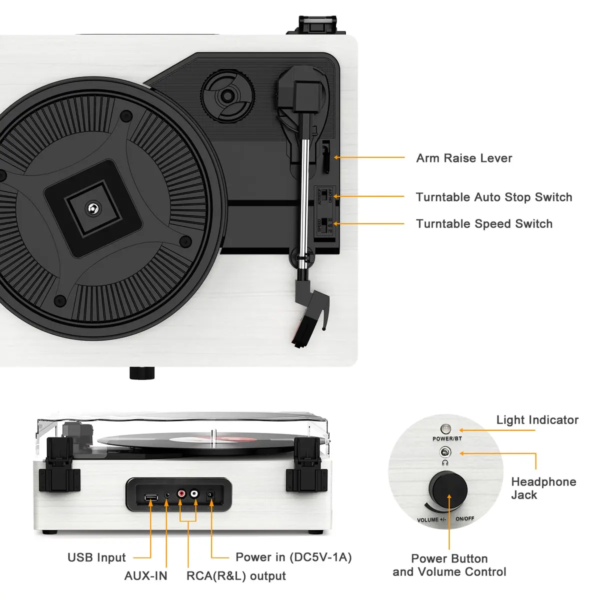 Udreamer White Vinyl Record Player with Speakers & USB | Belt Drive, 3 Speeds, Bluetooth - view 7