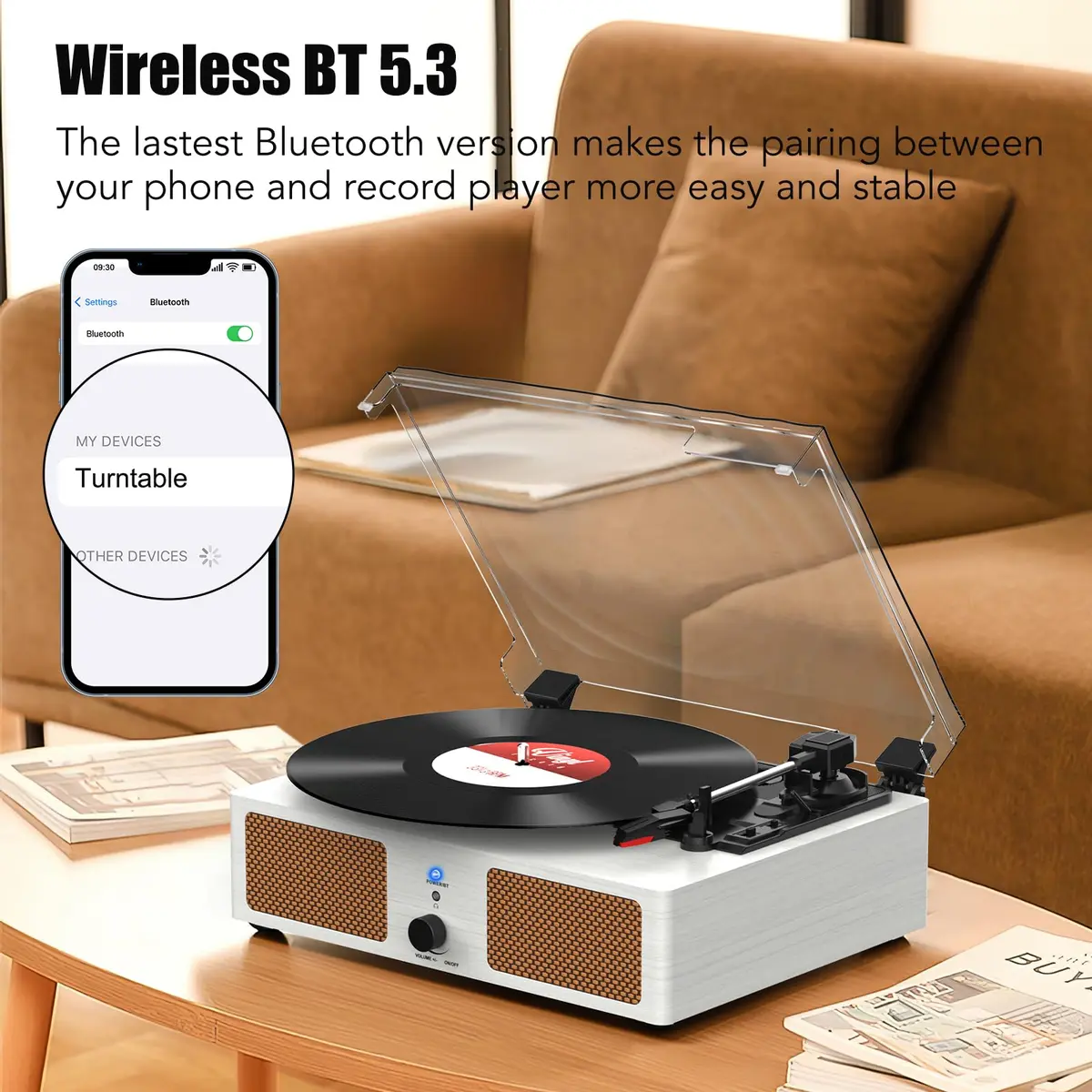 Udreamer White Vinyl Record Player with Speakers & USB | Belt Drive, 3 Speeds, Bluetooth - view 2