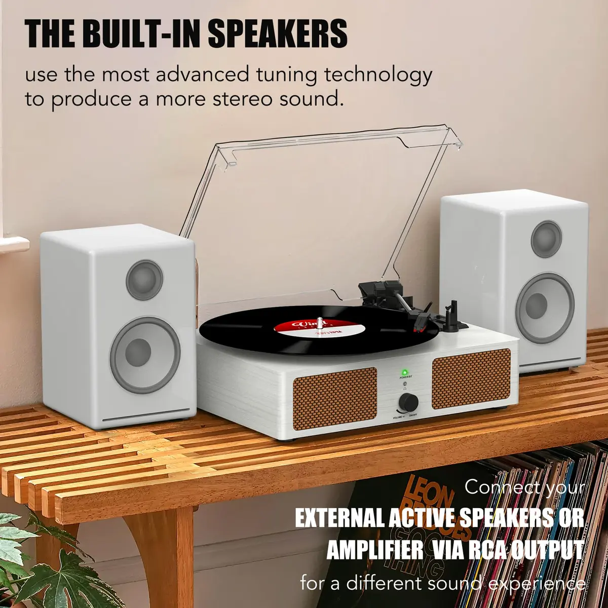 Udreamer White Vinyl Record Player with Speakers & USB | Belt Drive, 3 Speeds, Bluetooth - view 3