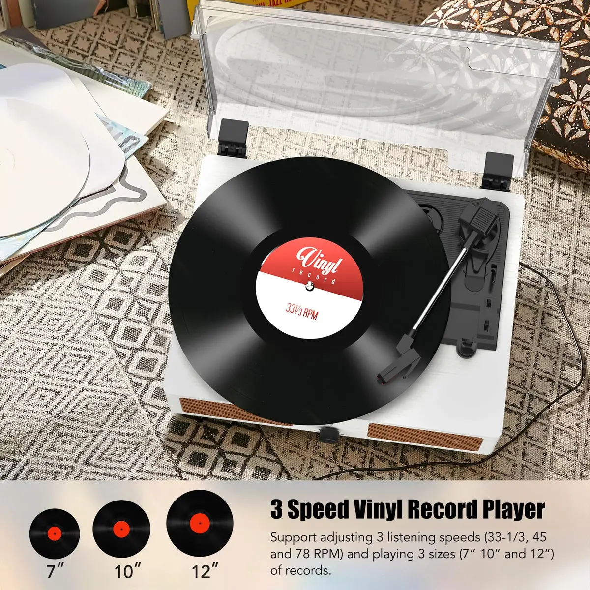 Udreamer White Vinyl Record Player with Speakers & USB | Belt Drive, 3 Speeds, Bluetooth - view 4