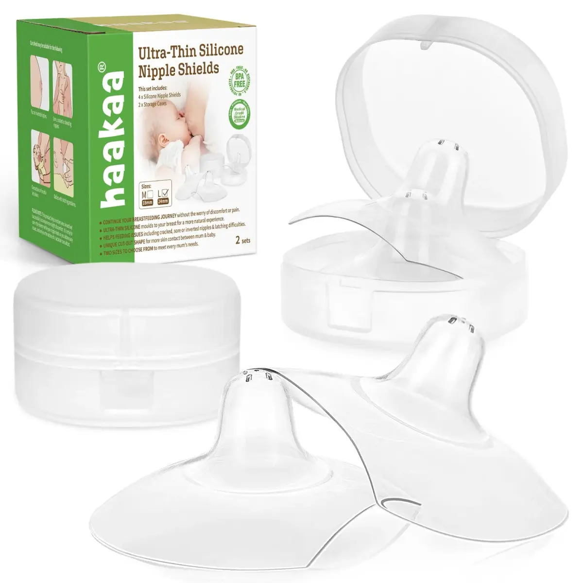haakaa Silicone Nipple Shields for Breastfeeding Newborns (24mm, 4pcs) | Food-Grade Silicone for Latching Difficulties - main product image
