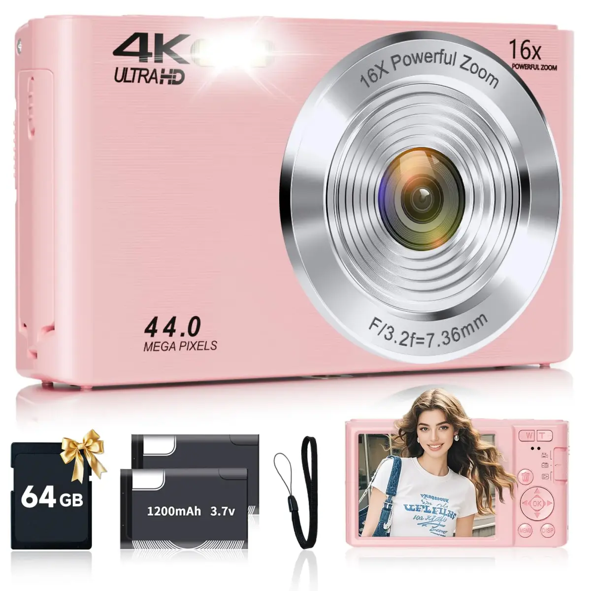 SMARTKLIK Pink Digital Camera FHD 4K 44MP | 2.8 inch LCD, 16x Digital Zoom, 64GB SD Card Included - main product image