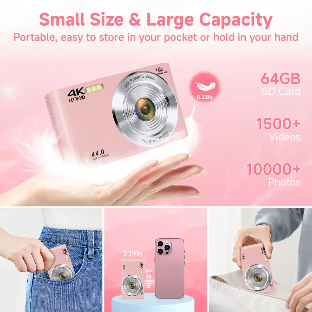SMARTKLIK Pink Digital Camera FHD 4K 44MP | 2.8 inch LCD, 16x Digital Zoom, 64GB SD Card Included - view 5