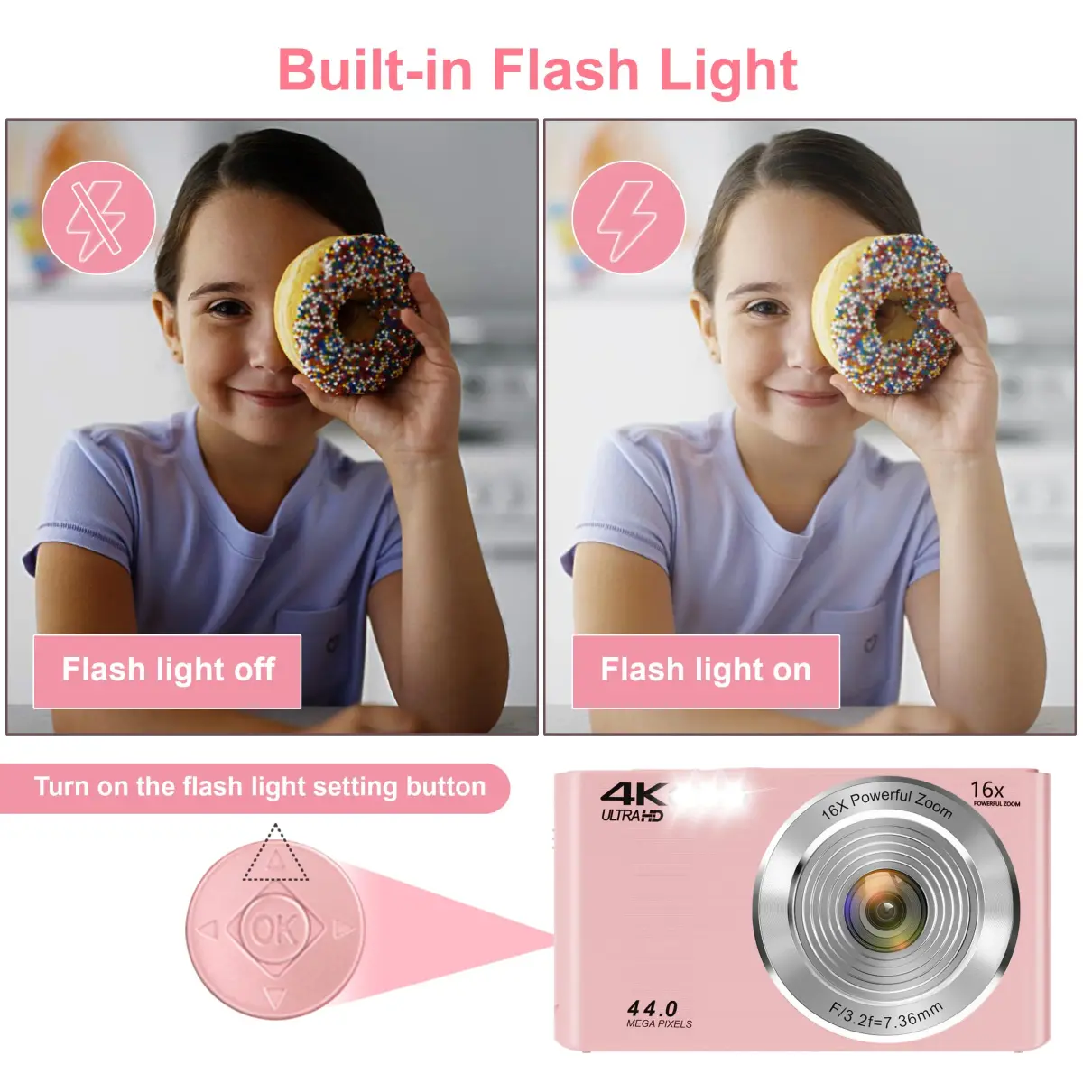 SMARTKLIK Pink Digital Camera FHD 4K 44MP | 2.8 inch LCD, 16x Digital Zoom, 64GB SD Card Included - view 7