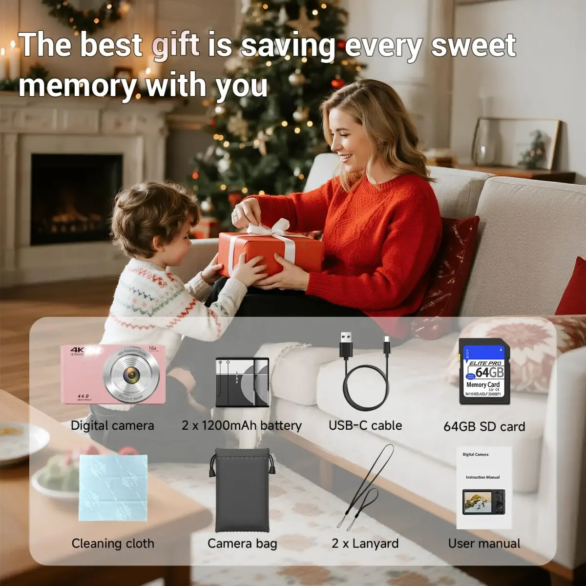 SMARTKLIK Pink Digital Camera FHD 4K 44MP | 2.8 inch LCD, 16x Digital Zoom, 64GB SD Card Included - view 8