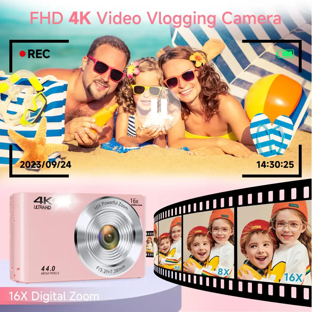 SMARTKLIK Pink Digital Camera FHD 4K 44MP | 2.8 inch LCD, 16x Digital Zoom, 64GB SD Card Included - view 3