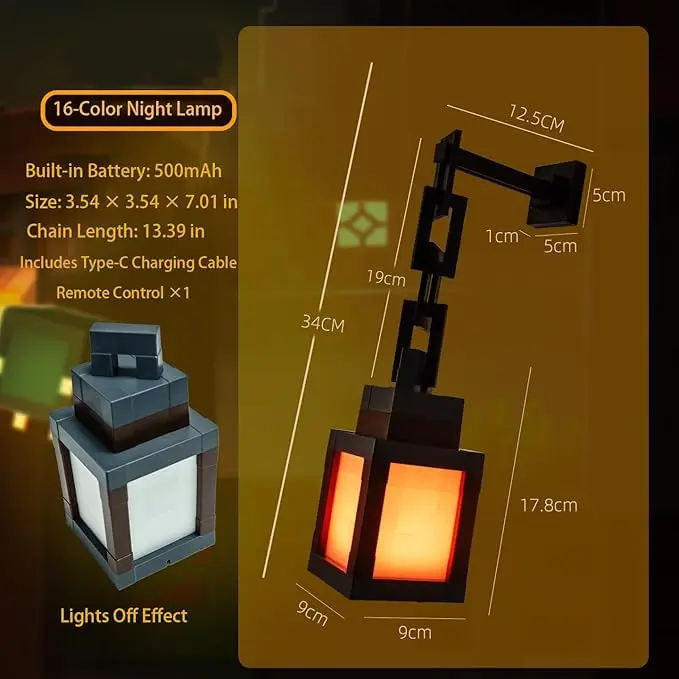 Bivpreom Pixelated Lantern Night Light 15cm (6") Black | 16 Colors USB Rechargeable Remote Control - view 4