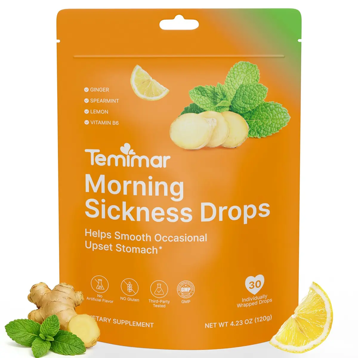 Temimar Morning Sickness Drops, Lozenges for Pregnancy & Motion Sickness, Ginger & Vitamin B6, 30 pcs | Fast Relief - main product image