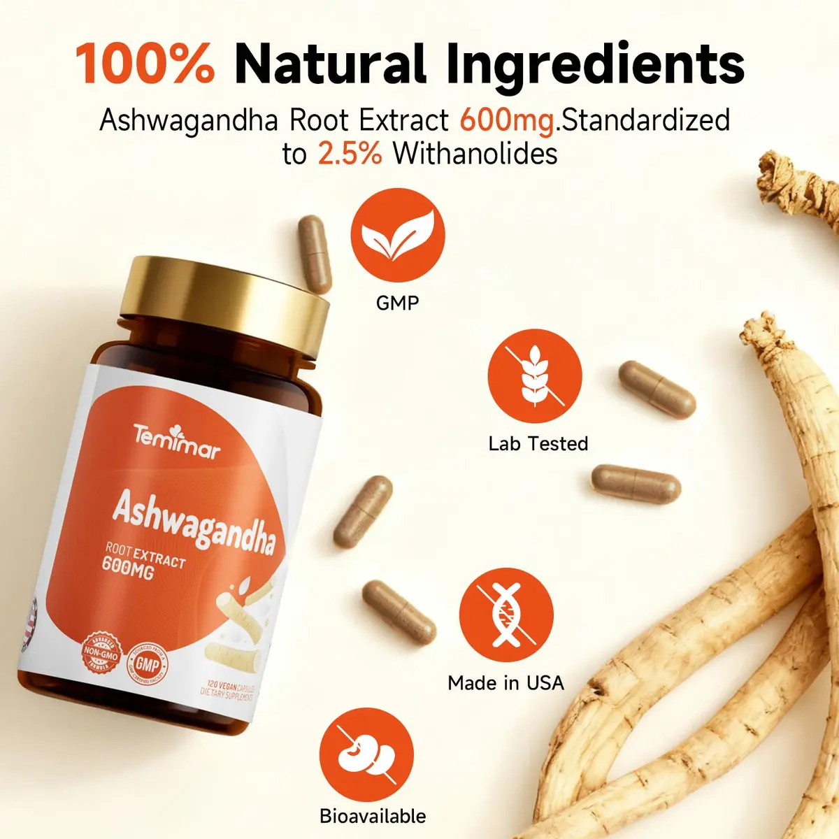 Temimar Ashwagandha Supplements, Ashwagandha Root Extract 600mg for Women & Men, Made in USA, Gluten Free, Vegan, 120 Capsules - view 4