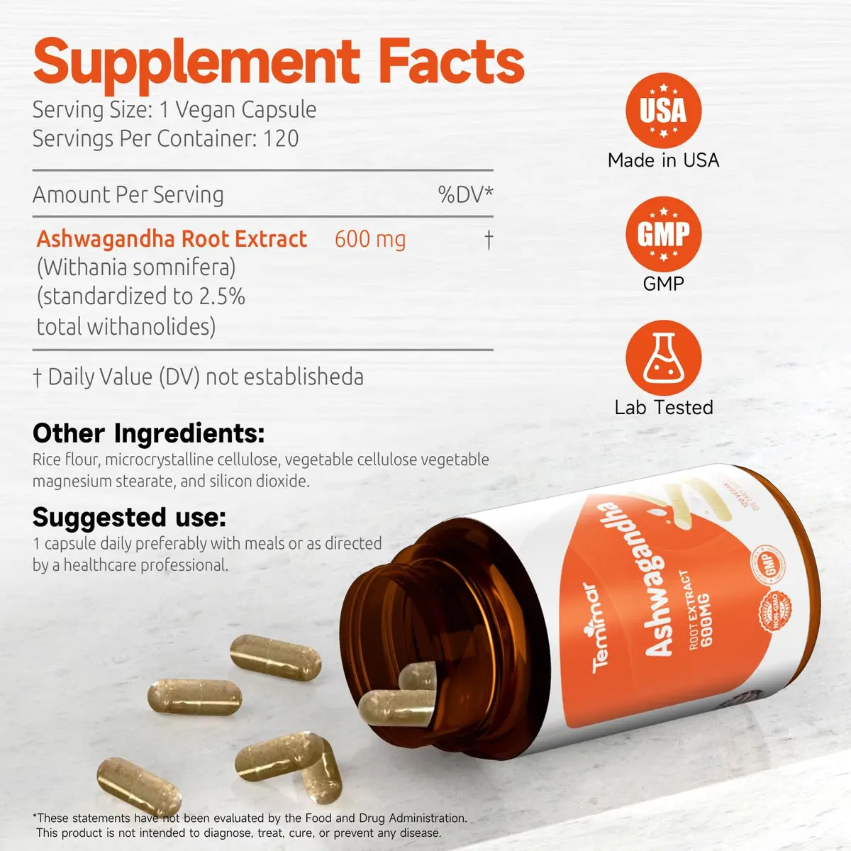 Temimar Ashwagandha Supplements, Ashwagandha Root Extract 600mg for Women & Men, Made in USA, Gluten Free, Vegan, 120 Capsules - view 5