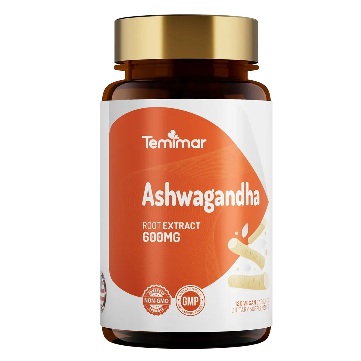 Temimar Ashwagandha Supplements, Ashwagandha Root Extract 600mg for Women & Men, Made in USA, Gluten Free, Vegan, 120 Capsules - main product image