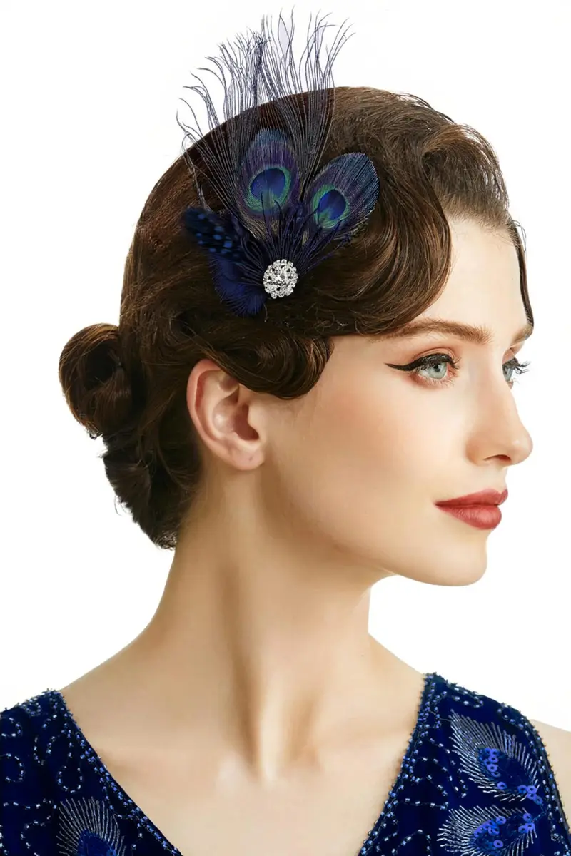 BABEYOND Peacock Feather Hair Clip with Rhinestones | 1920s Peacock Flapper Fascinator, One Size Fits Most, Navy Blue - main product image