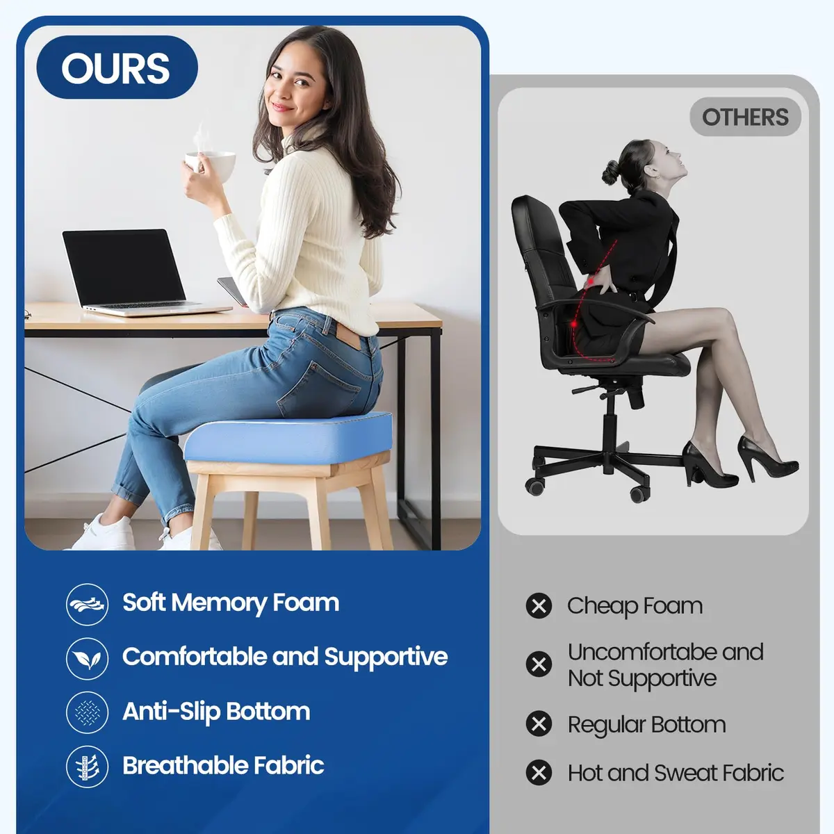SweetSlubr Memory Foam Seat Cushion | 48cm x 43cm (19"x17") Tailbone Pain Relief - view 7