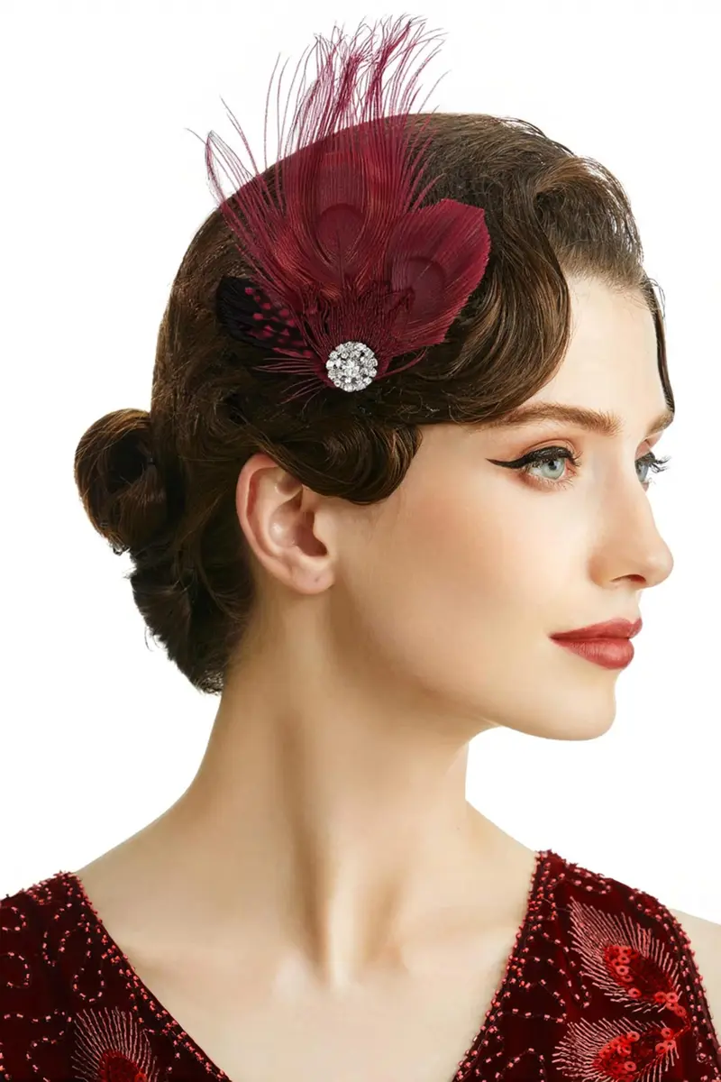 BABEYOND Peacock Feather Hair Clip with Rhinestones | 1920s Flapper Accessory for Women (One Size, Wine Red) - main product image