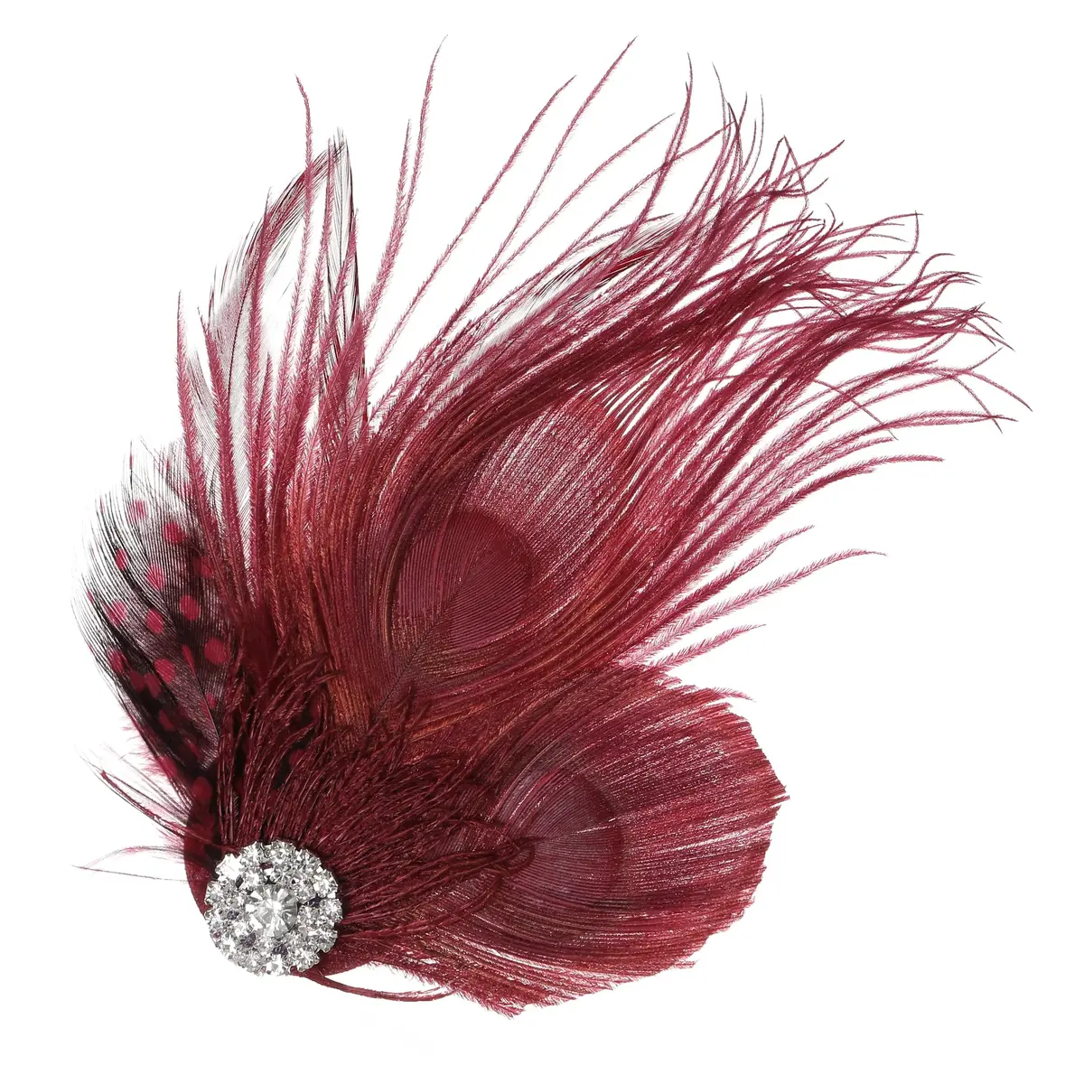 BABEYOND Peacock Feather Hair Clip with Rhinestones | 1920s Flapper Accessory for Women (One Size, Wine Red) - view 5