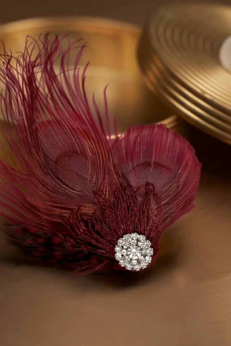 BABEYOND Peacock Feather Hair Clip with Rhinestones | 1920s Flapper Accessory for Women (One Size, Wine Red) - view 3