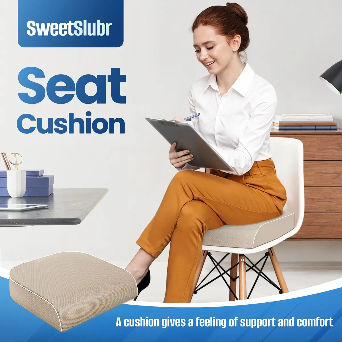 SweetSlubr Memory Foam Seat Cushion X-Large Beige | Tailbone Pain Relief & Posture Support - view 3