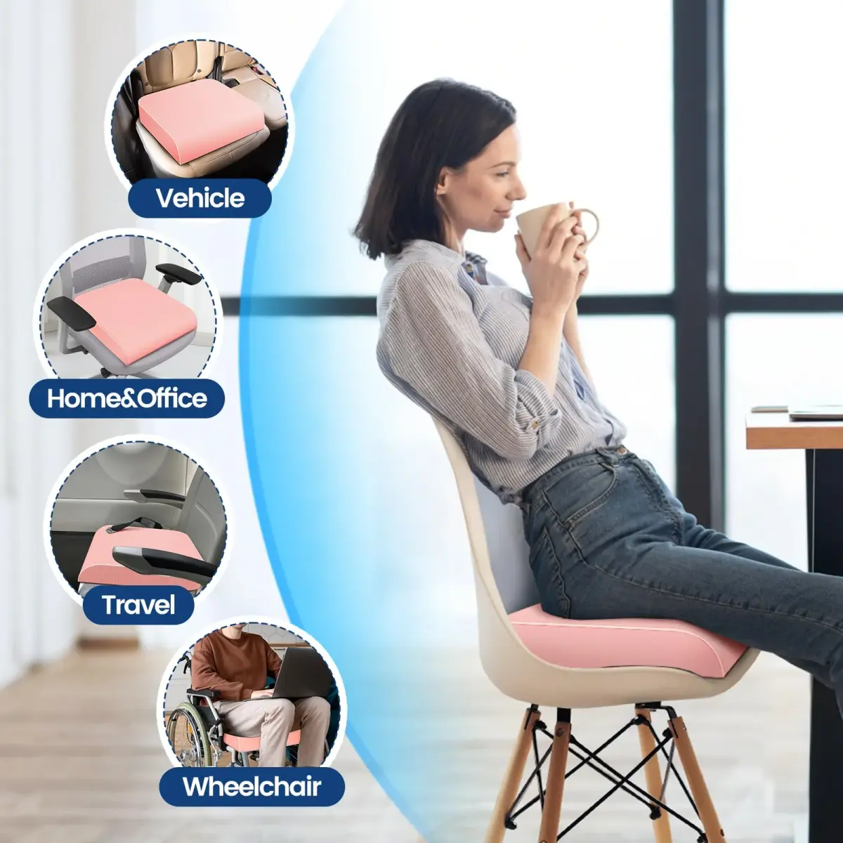SweetSlubr Memory Foam Seat Cushion for Tailbone Pain Relief, X-Large 48cm (19"x17") Pink | Ergonomic Office Chair Pad for Comfort - view 6