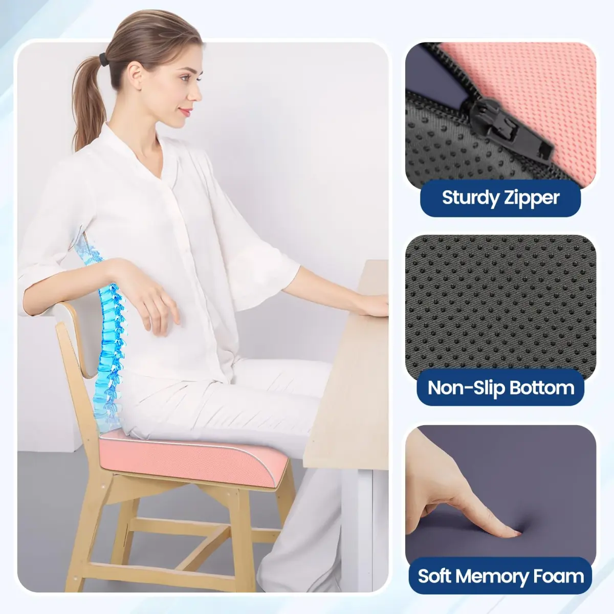 SweetSlubr Memory Foam Seat Cushion for Tailbone Pain Relief, X-Large 48cm (19"x17") Pink | Ergonomic Office Chair Pad for Comfort - view 7