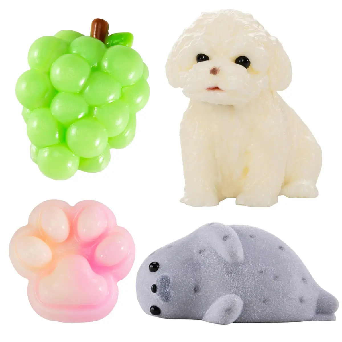QCROAD SQUISHY Silicone Squishy Animals 4-Pack | Handmade Cute Squishy-Puppy, Seal, Cat Paw & Grape - main product image