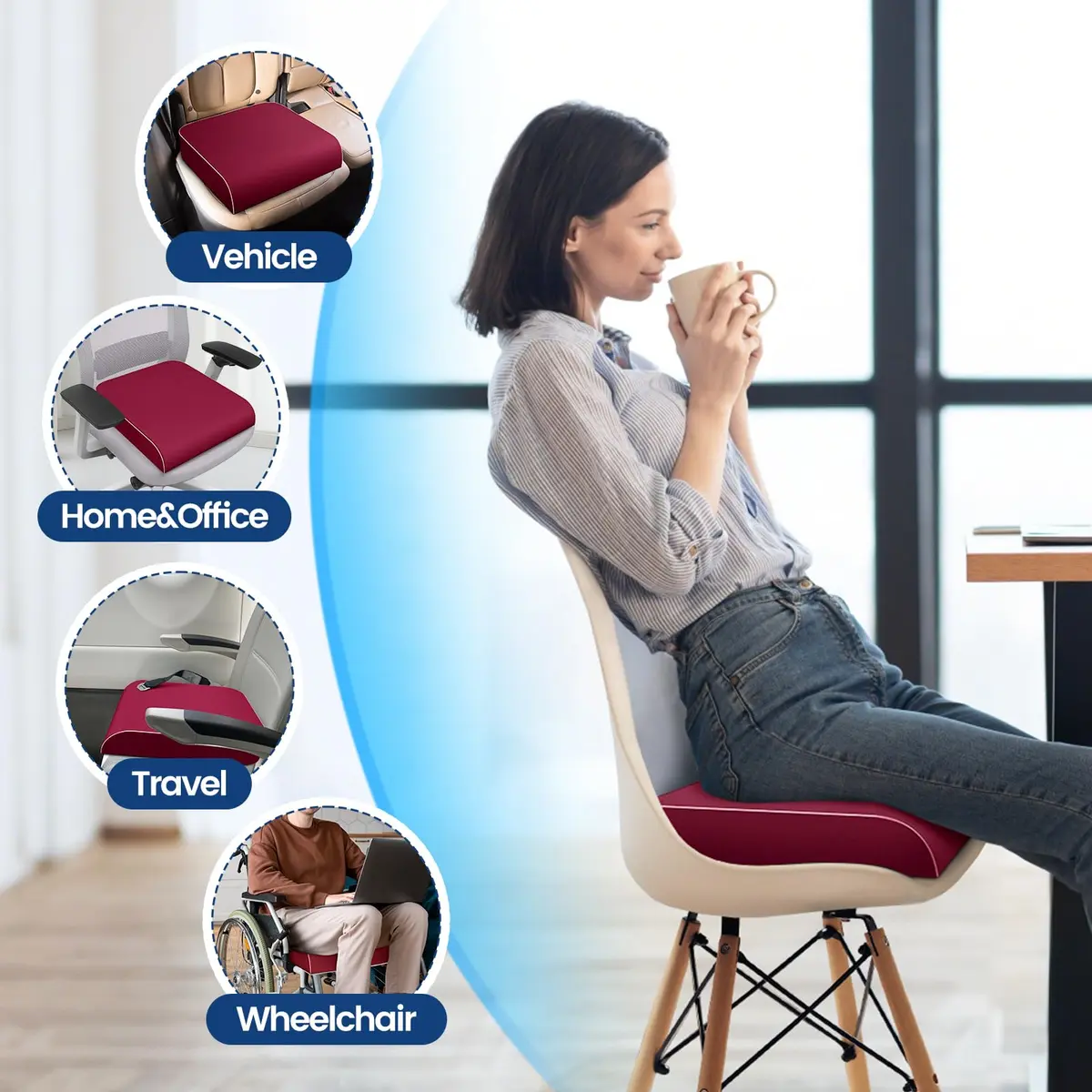 SweetSlubr Memory Foam Seat Cushion 48cm (19") x 43cm (17") | Tailbone Pain Relief for Office Chairs, Cars, Travel - view 6