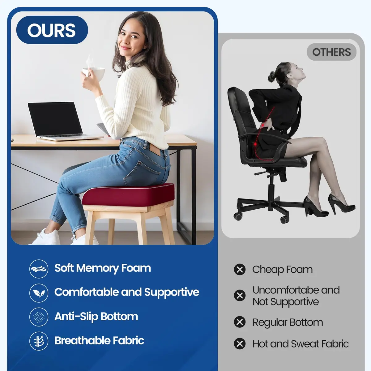 SweetSlubr Memory Foam Seat Cushion 48cm (19") x 43cm (17") | Tailbone Pain Relief for Office Chairs, Cars, Travel - view 7