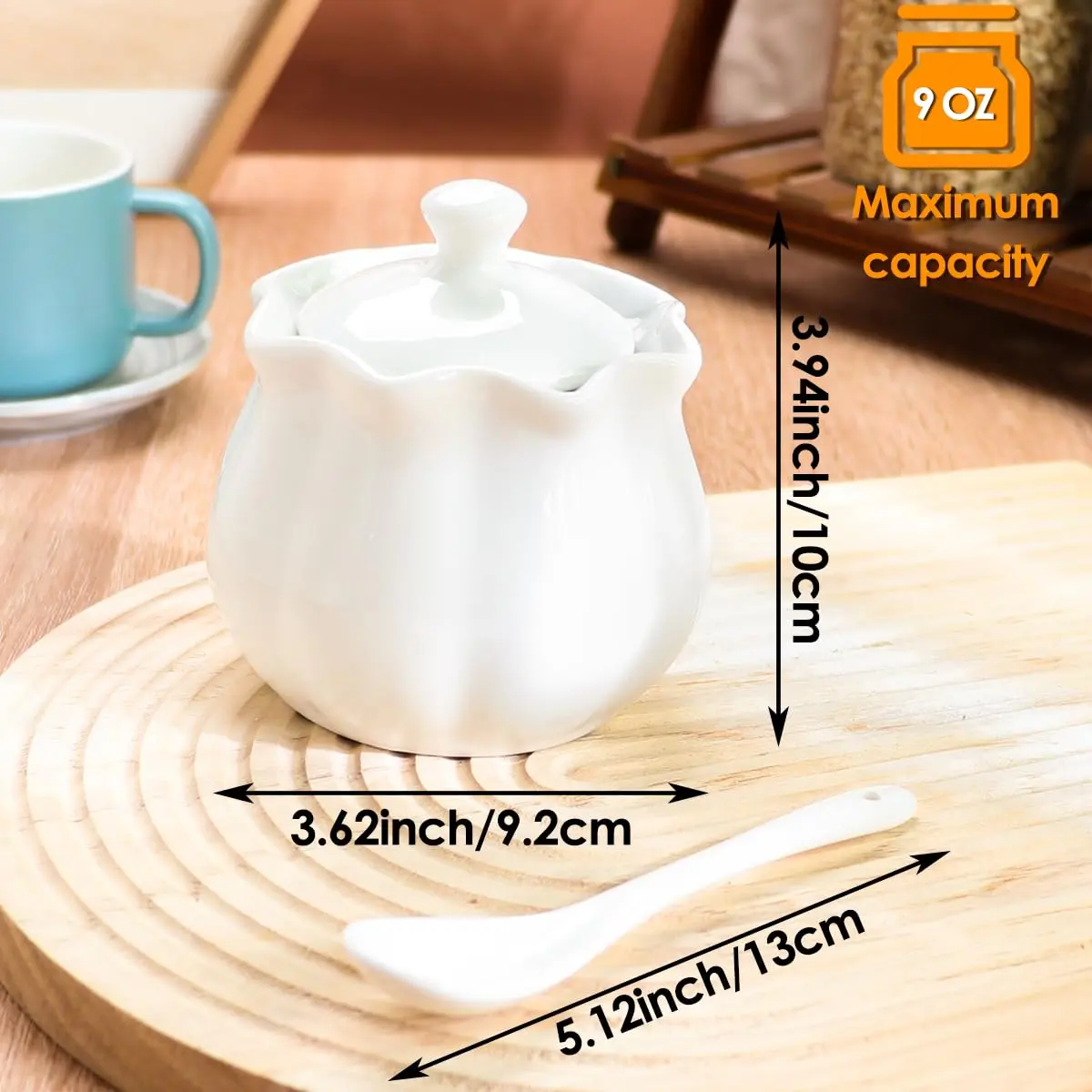 Swetwiny Ceramic Sugar Bowl with Lid and Spoon | Flower-Shaped Porcelain Salt Storage Jar, 9 Ounces - view 4