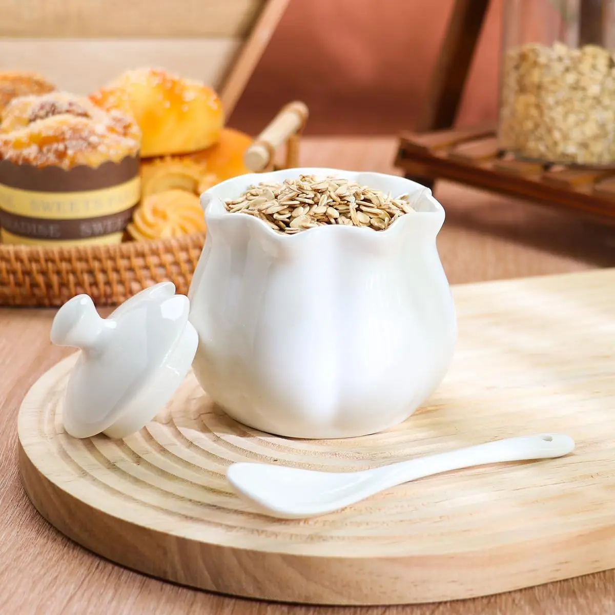 Swetwiny Ceramic Sugar Bowl with Lid and Spoon | Flower-Shaped Porcelain Salt Storage Jar, 9 Ounces - view 6