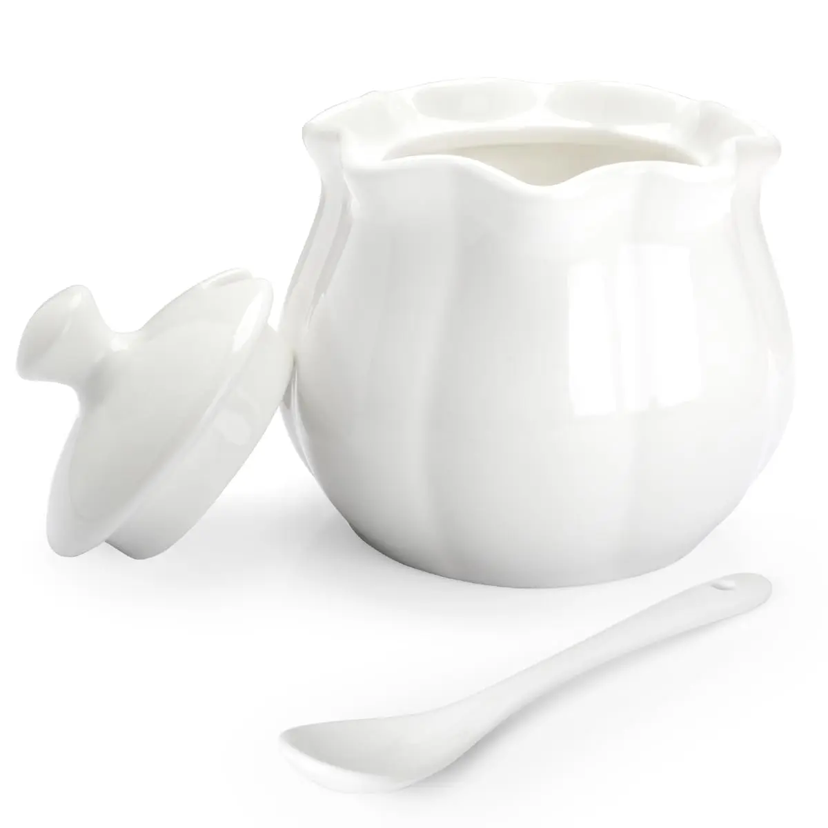 Swetwiny Ceramic Sugar Bowl with Lid and Spoon | Flower-Shaped Porcelain Salt Storage Jar, 9 Ounces - main product image