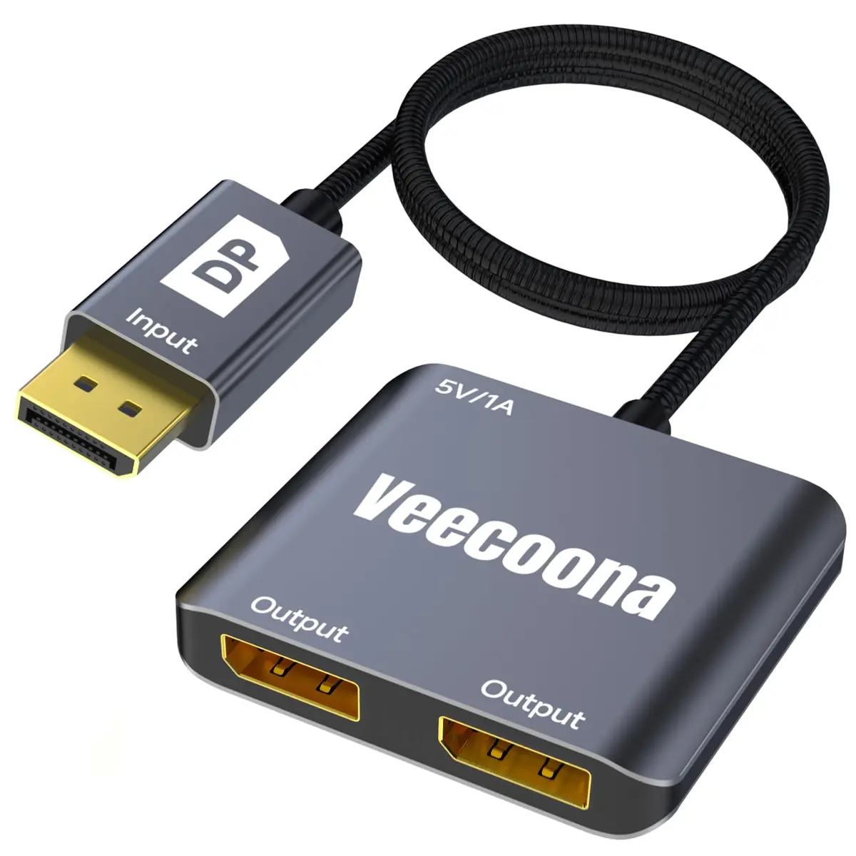 Veecoona DisplayPort to Dual DisplayPort Splitter 4K60Hz | Supports Windows/Linux, MacOS Mirroring (1 in 2 Out, Aluminum Housing) - main product image
