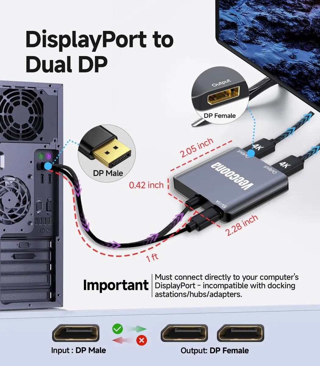 Veecoona DisplayPort to Dual DisplayPort Splitter 4K60Hz | Supports Windows/Linux, MacOS Mirroring (1 in 2 Out, Aluminum Housing) - view 5