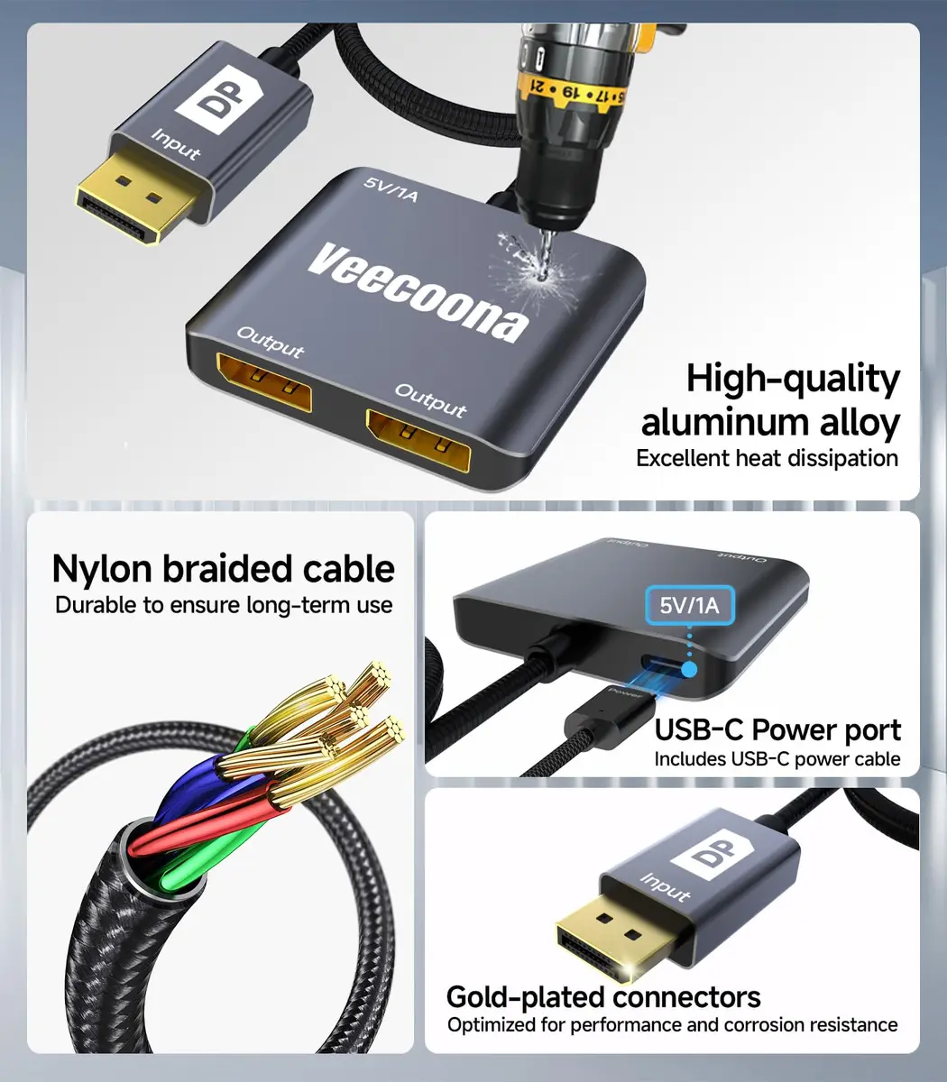 Veecoona DisplayPort to Dual DisplayPort Splitter 4K60Hz | Supports Windows/Linux, MacOS Mirroring (1 in 2 Out, Aluminum Housing) - view 6