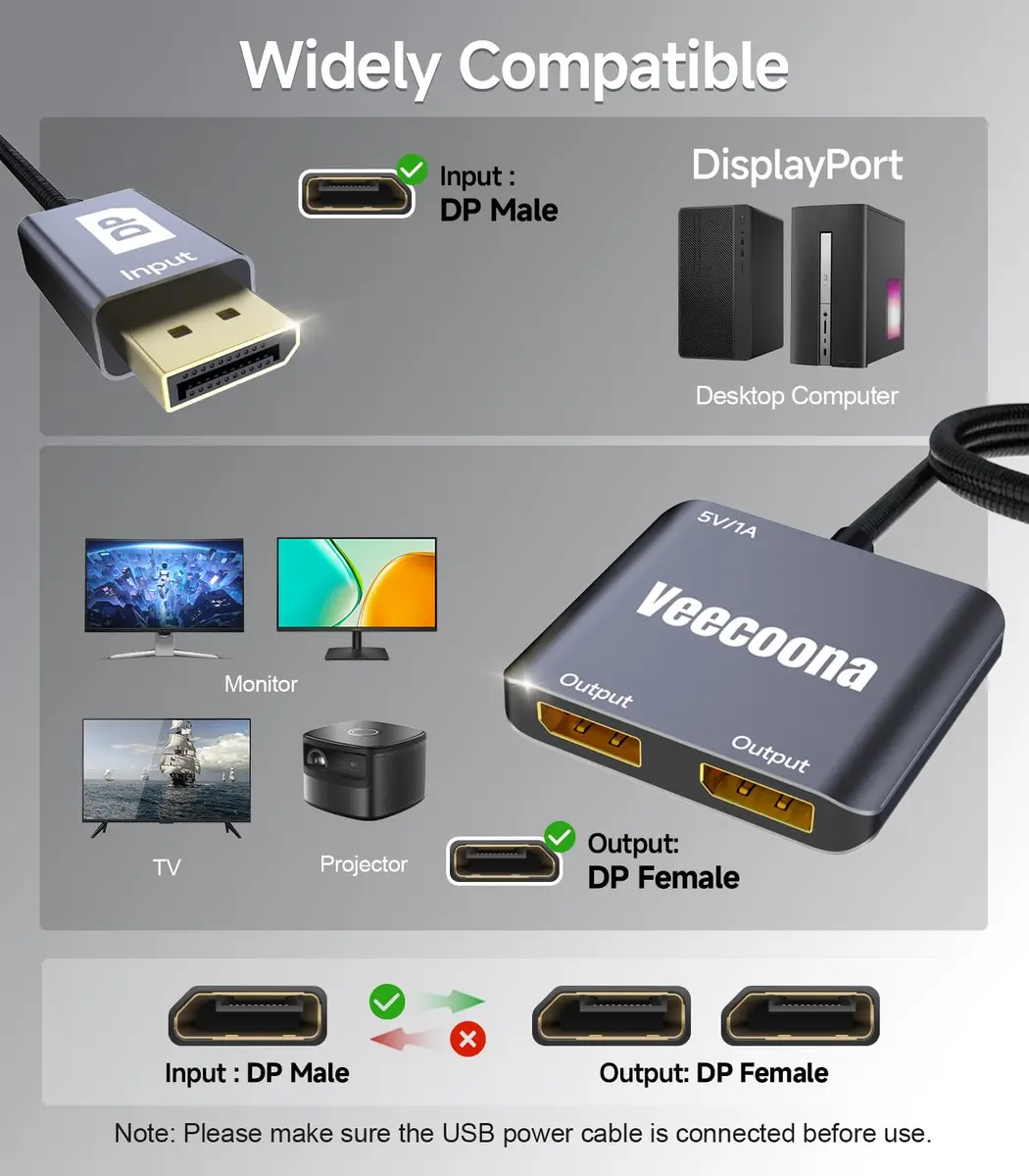 Veecoona DisplayPort to Dual DisplayPort Splitter 4K60Hz | Supports Windows/Linux, MacOS Mirroring (1 in 2 Out, Aluminum Housing) - view 7