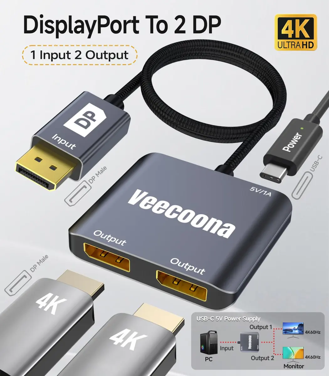 Veecoona DisplayPort to Dual DisplayPort Splitter 4K60Hz | Supports Windows/Linux, MacOS Mirroring (1 in 2 Out, Aluminum Housing) - view 2