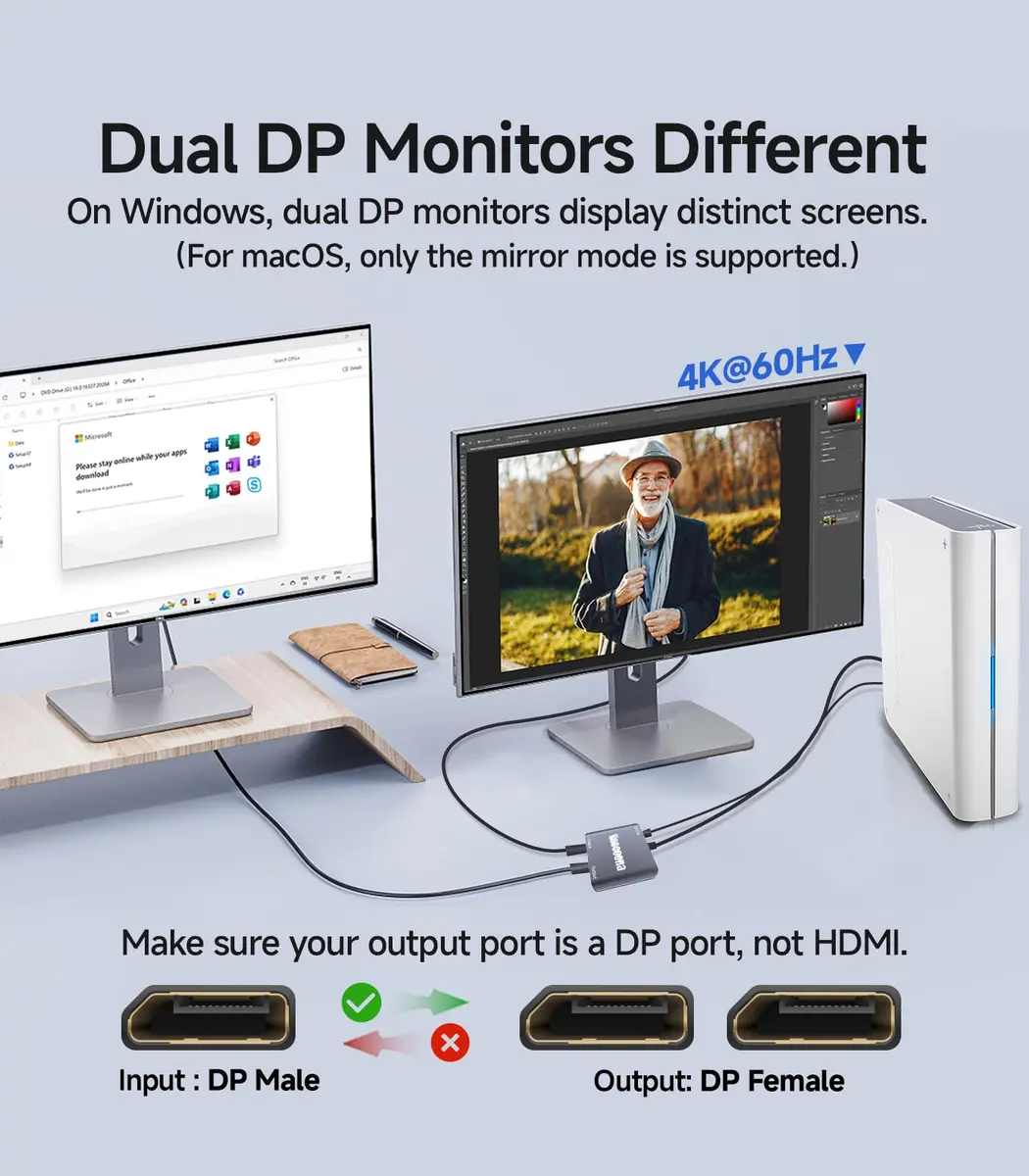 Veecoona DisplayPort to Dual DisplayPort Splitter 4K60Hz | Supports Windows/Linux, MacOS Mirroring (1 in 2 Out, Aluminum Housing) - view 4
