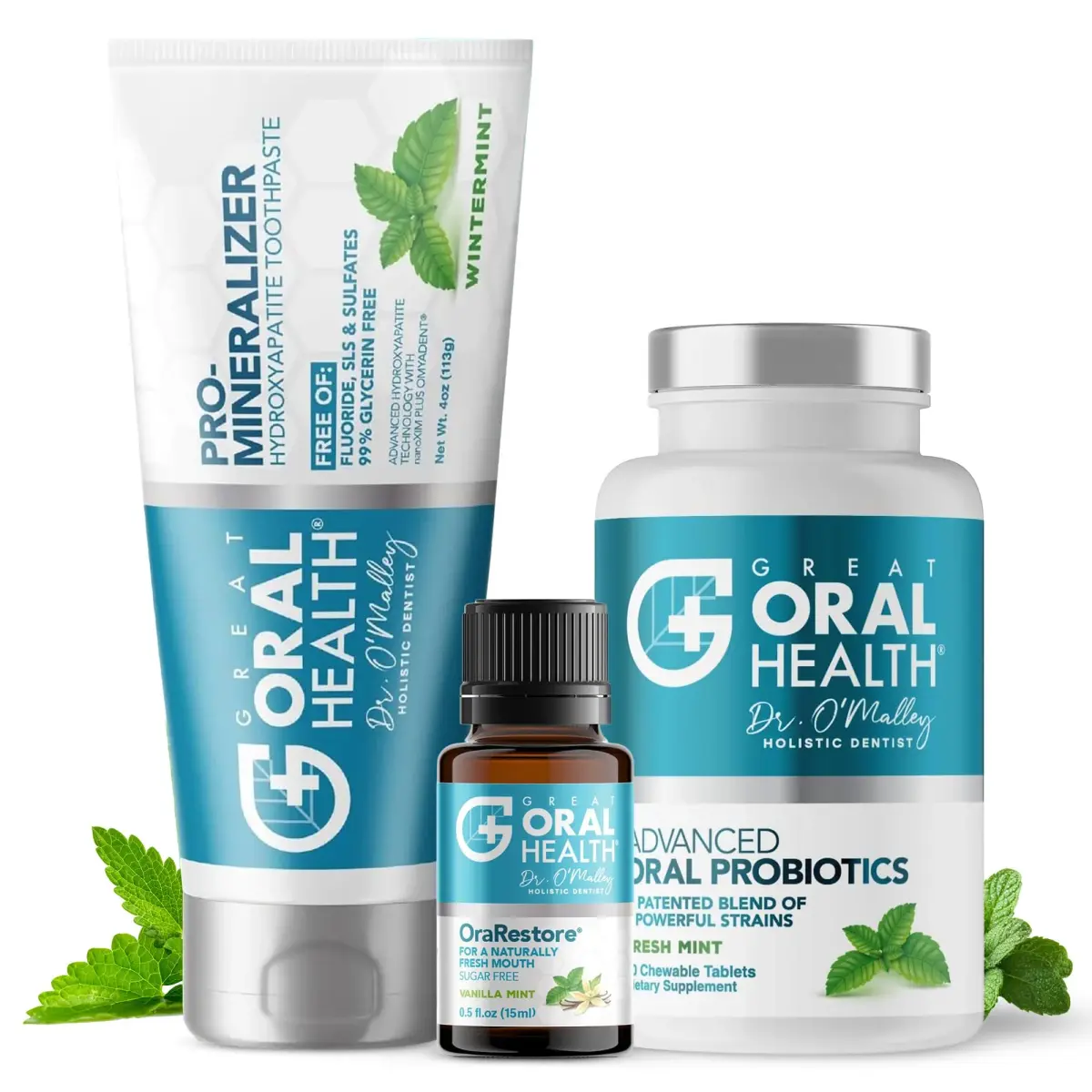 Great Oral Health System Dentist Formulated Oral Care Kit with Nano Hydroxyapatite Toothpaste, Mouthwash Concentrate & Oral Probiotics | 3-Piece Set - main product image