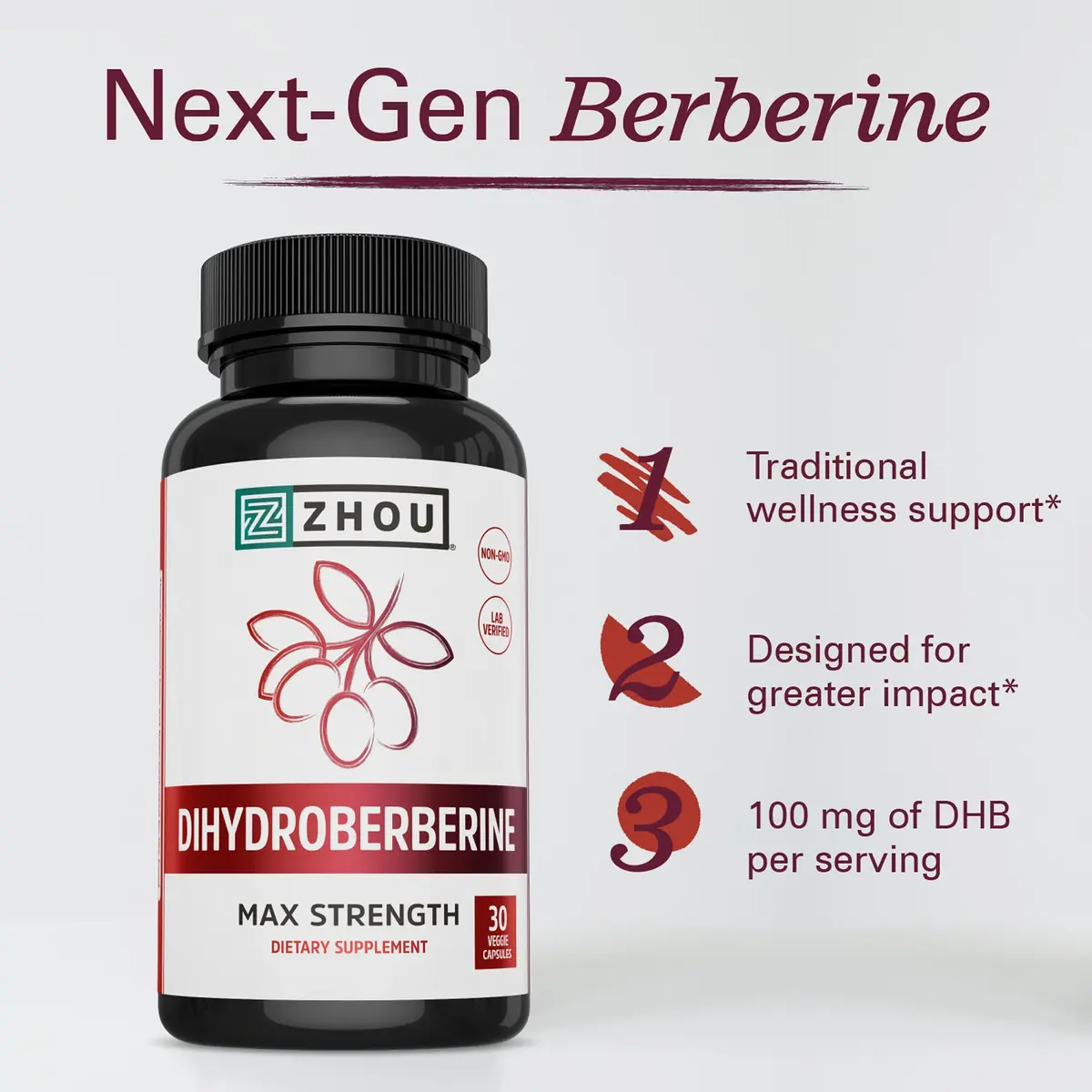 ZHOU Dihydroberberine 100 mg Supplement for Women & Men - Vegan - 30 Capsules | Natural Energy & Cardiovascular Support - view 3