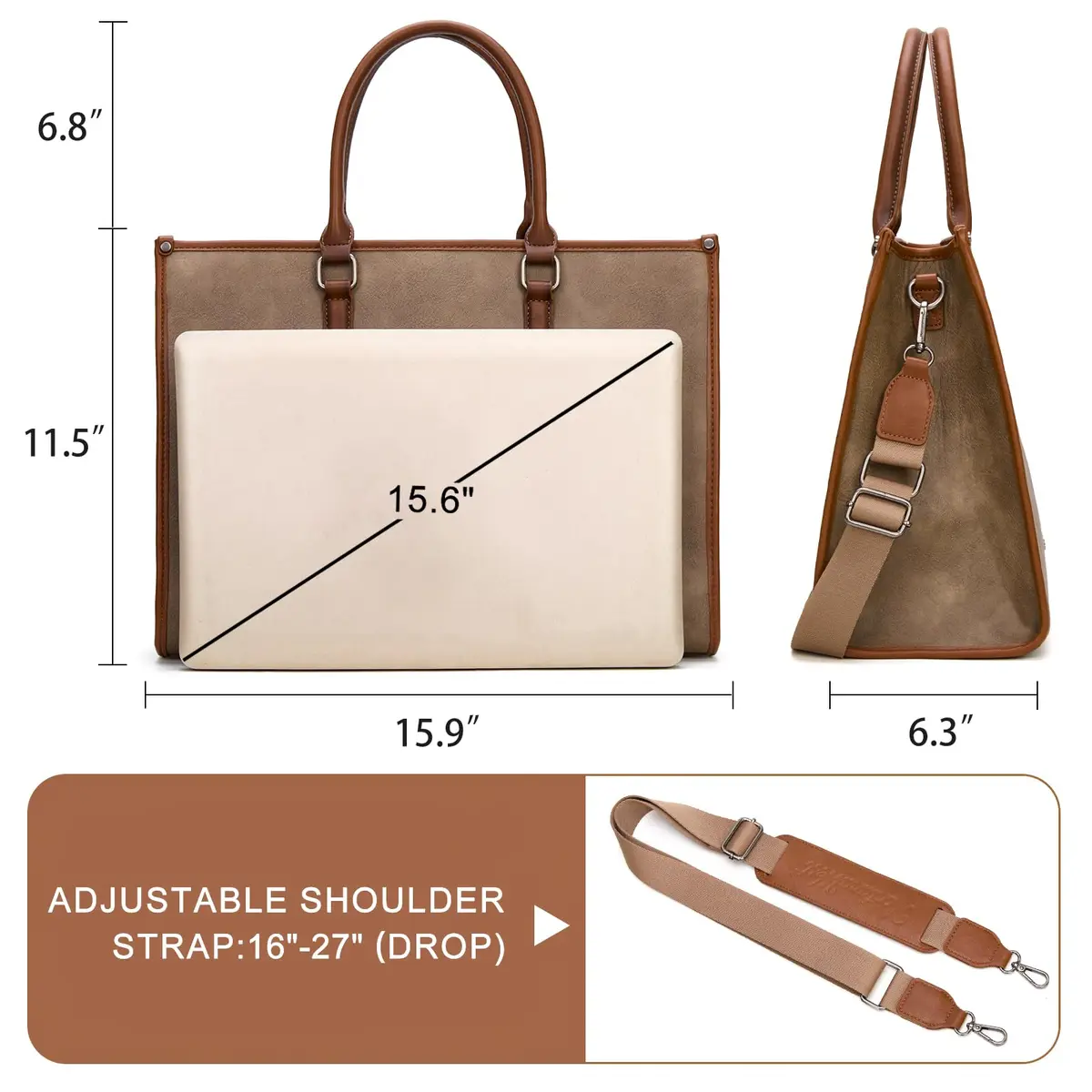 Montana West Laptop Tote Bag for Women 15.6 Inch Waterproof Vegan Leather Khaki | Business Office Work Briefcase - view 5