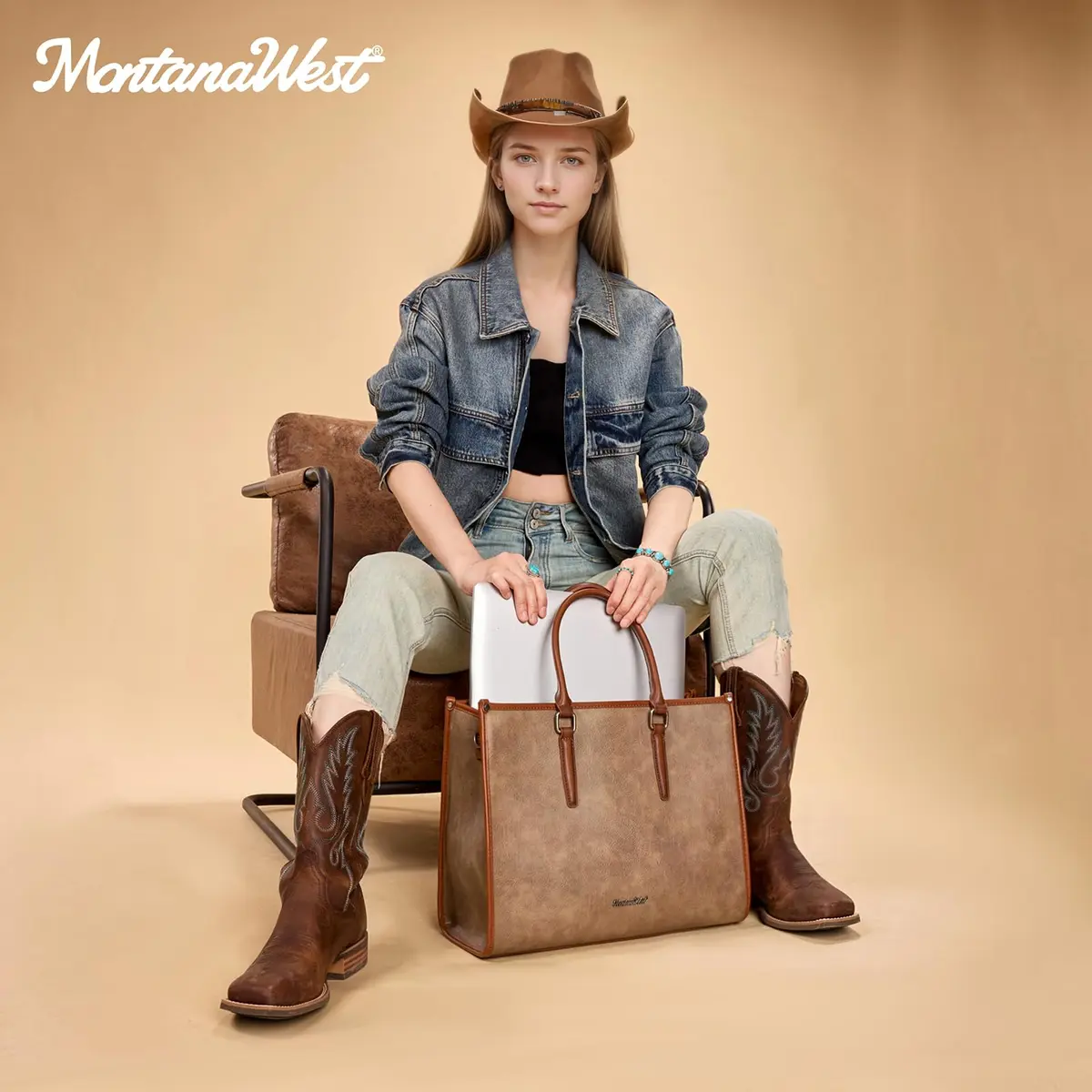 Montana West Laptop Tote Bag for Women 15.6 Inch Waterproof Vegan Leather Khaki | Business Office Work Briefcase - view 2