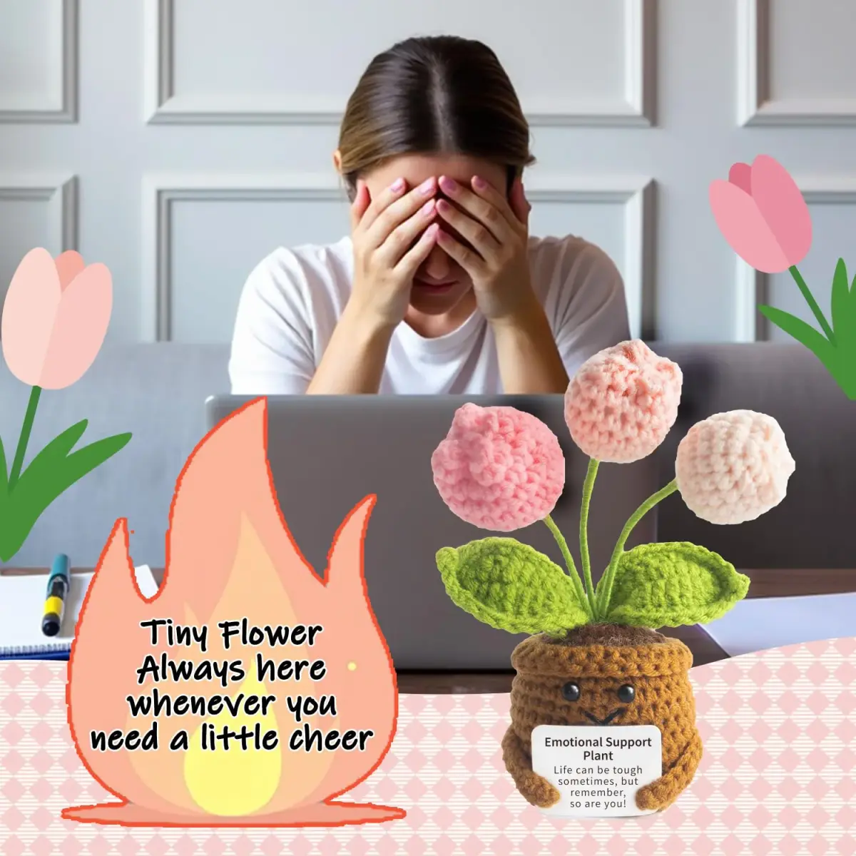 MS ZHENQIAO Tulip Pink Crochet Flower Potted Plant Gift | Emotional Support Figurine - view 5
