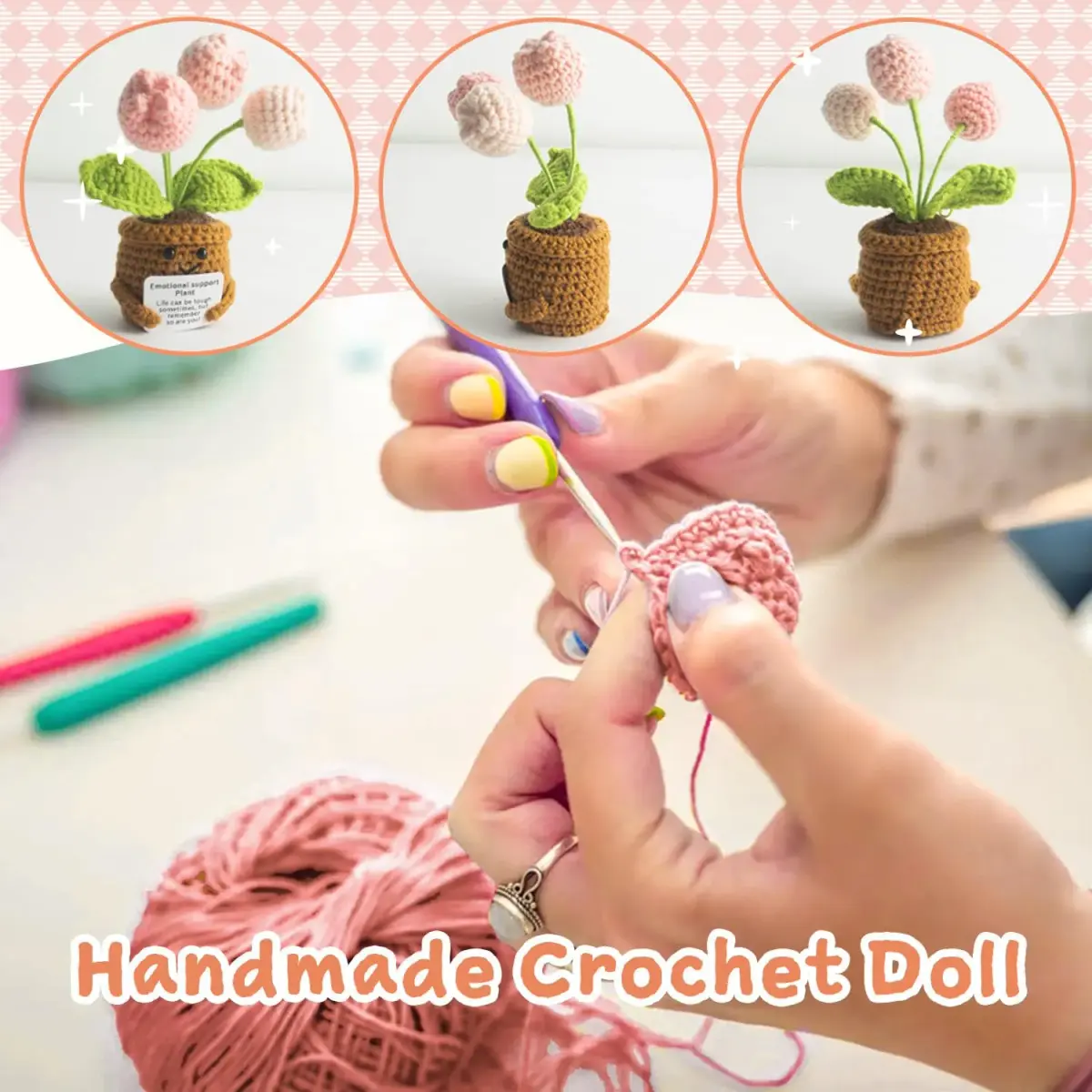 MS ZHENQIAO Tulip Pink Crochet Flower Potted Plant Gift | Emotional Support Figurine - view 4