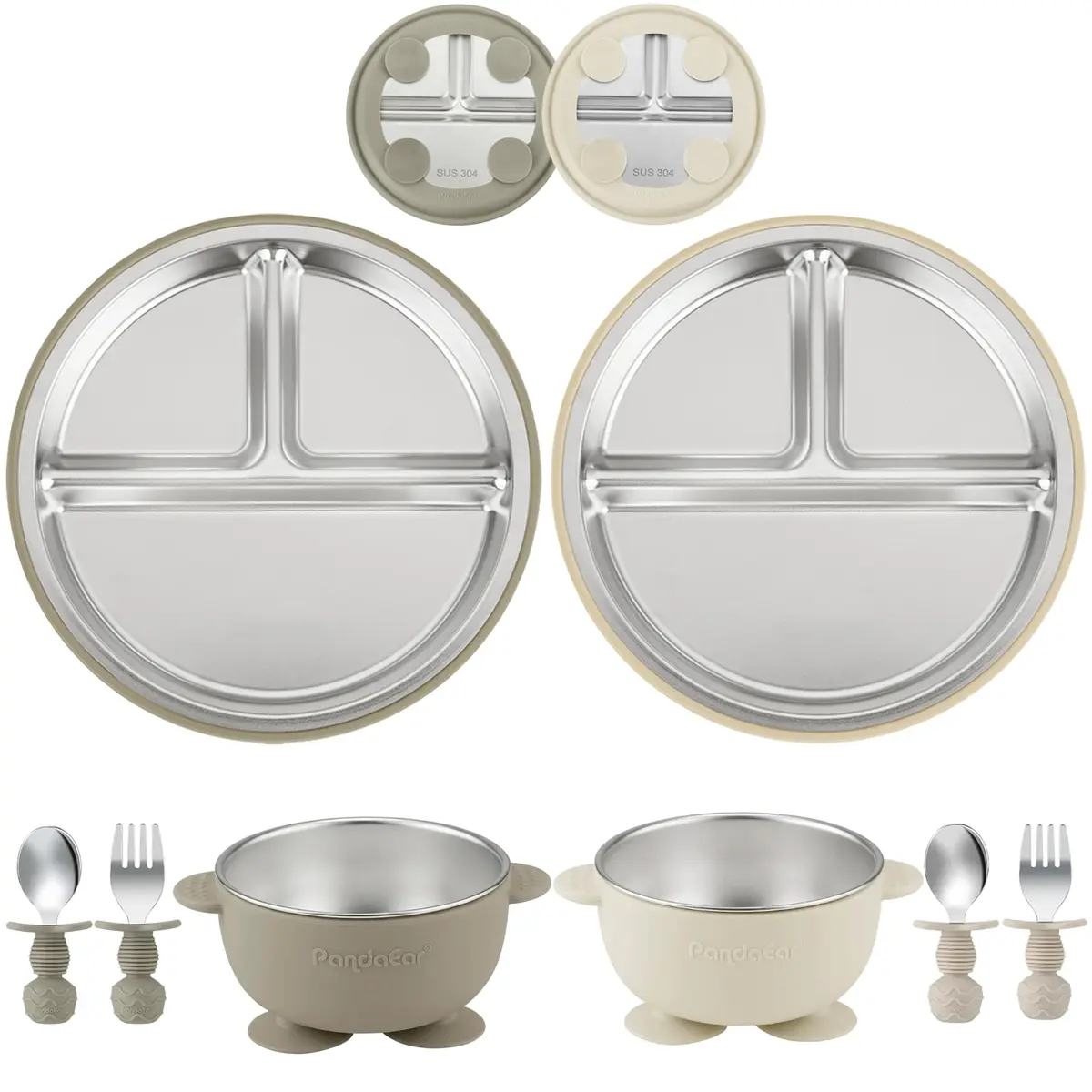 PandaEar Baby Feeding Set | Stainless Steel Plates & Bowls with Silicone Utensils | Toddler Tableware for Self-Feeding - main product image