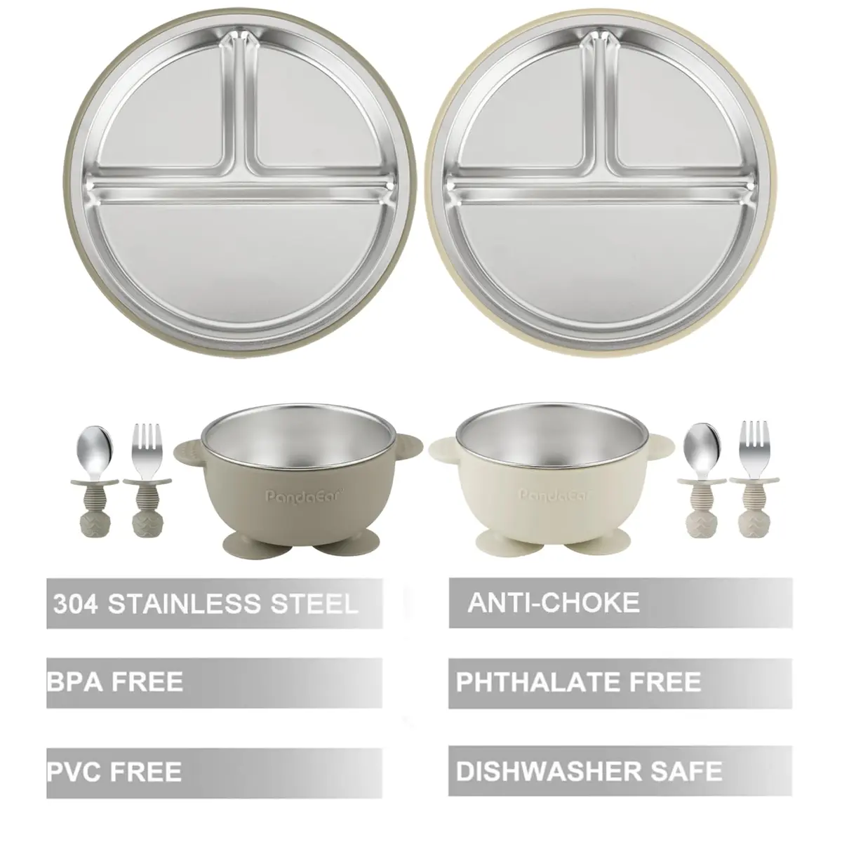 PandaEar Baby Feeding Set | Stainless Steel Plates & Bowls with Silicone Utensils | Toddler Tableware for Self-Feeding - view 3