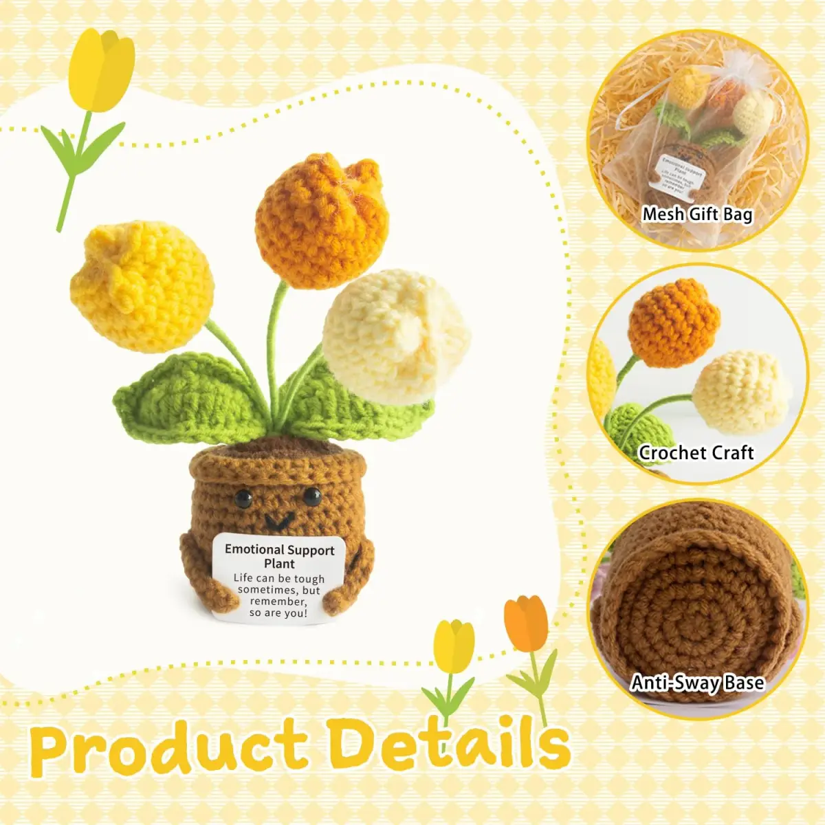 MS ZHENQIAO Tulip Yellow Crochet Flower Potted Plant Gift | Emotional Support Figurine - view 3