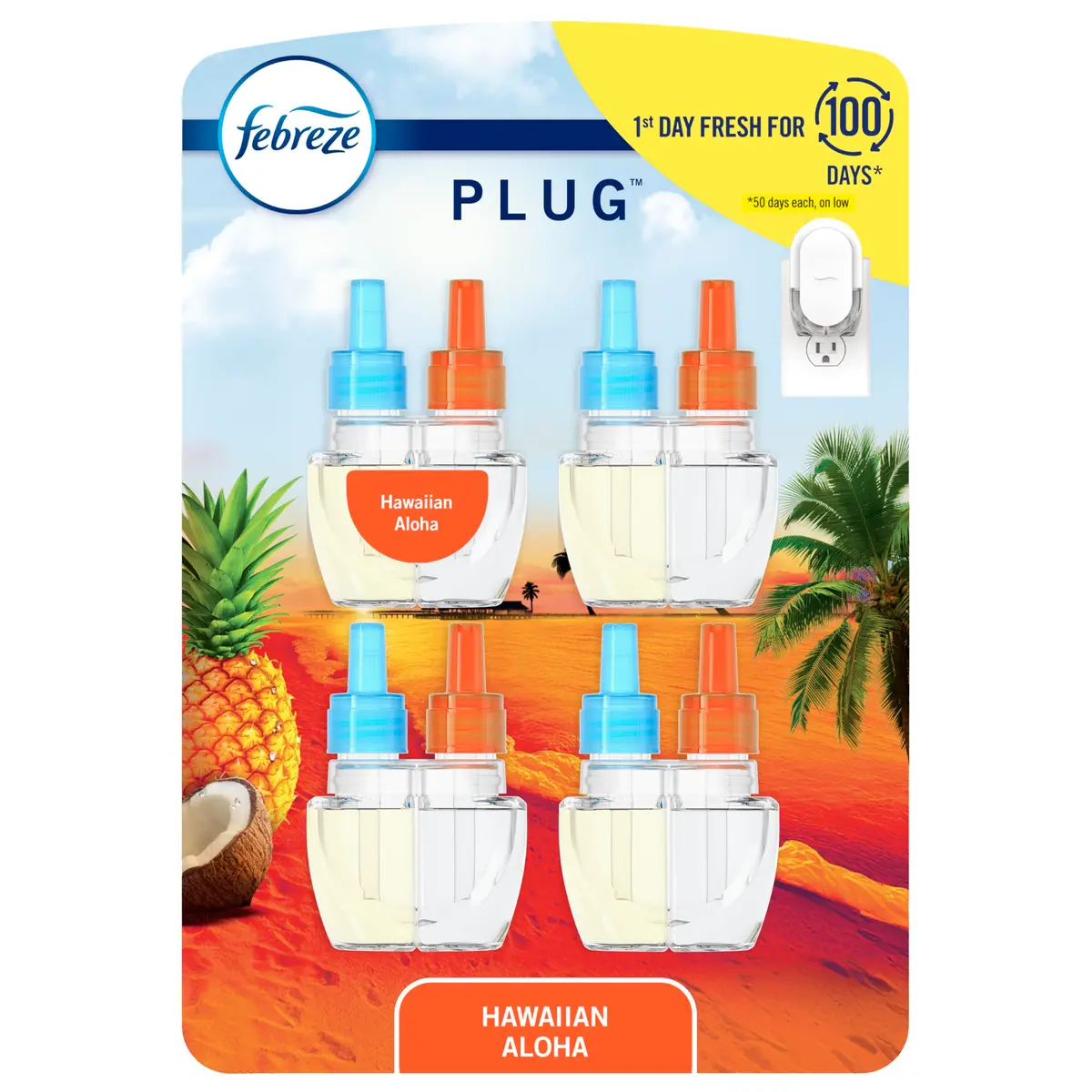 Febreze Hawaiian Aloha Scented Oil Refills, 4 Count (3.5 Fl Oz Total) | Fade Defy Technology Lasts 50 Days - main product image