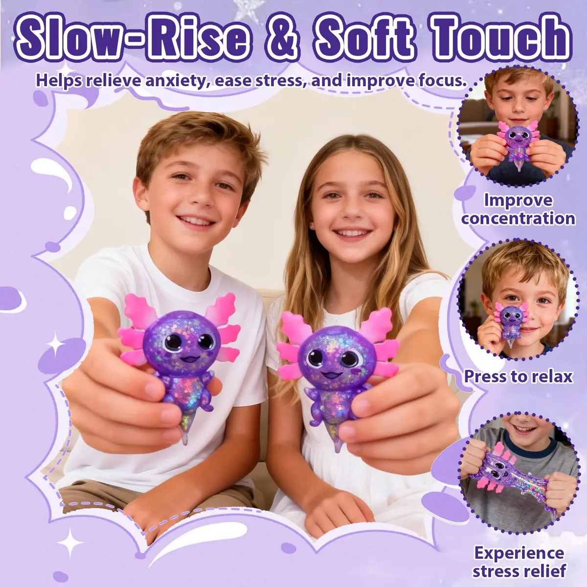 Puffwize Axolotl Squishy Toy Purple Big Ears 9.5cm (3.74") | Slow Rising Fidget Toy for Stress Relief - view 6