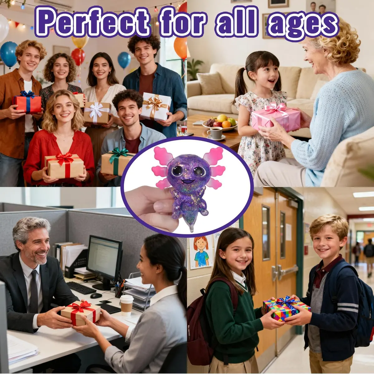 Puffwize Axolotl Squishy Toy Purple Big Ears 9.5cm (3.74") | Slow Rising Fidget Toy for Stress Relief - view 8