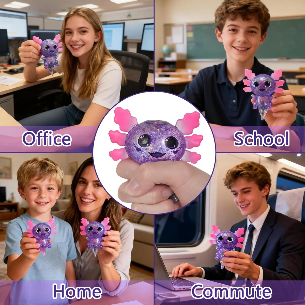 Puffwize Axolotl Squishy Toy Purple Big Ears 9.5cm (3.74") | Slow Rising Fidget Toy for Stress Relief - view 2