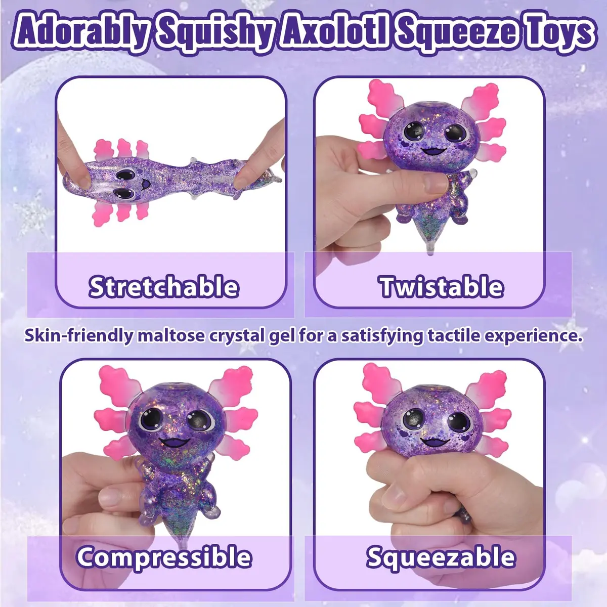 Puffwize Axolotl Squishy Toy Purple Big Ears 9.5cm (3.74") | Slow Rising Fidget Toy for Stress Relief - view 3